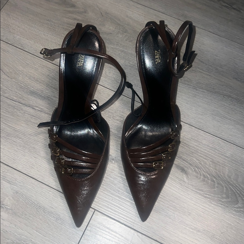 Zara Dark Brown Buckle Heels - Picture 4 of 7